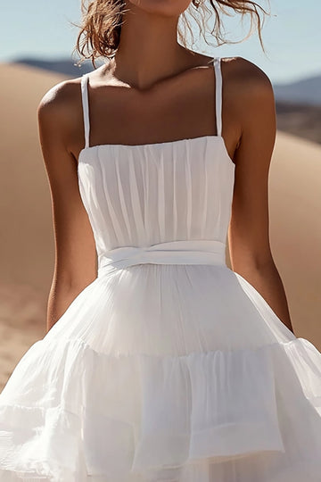 A-Line Spaghetti Straps Ruffles Organza Little White Graduation Dress